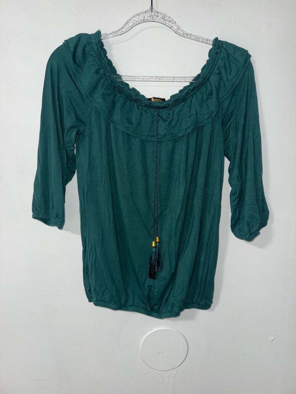 IMAN Global Chic Off The Shoulder Ruffle Blouse Green Size XS